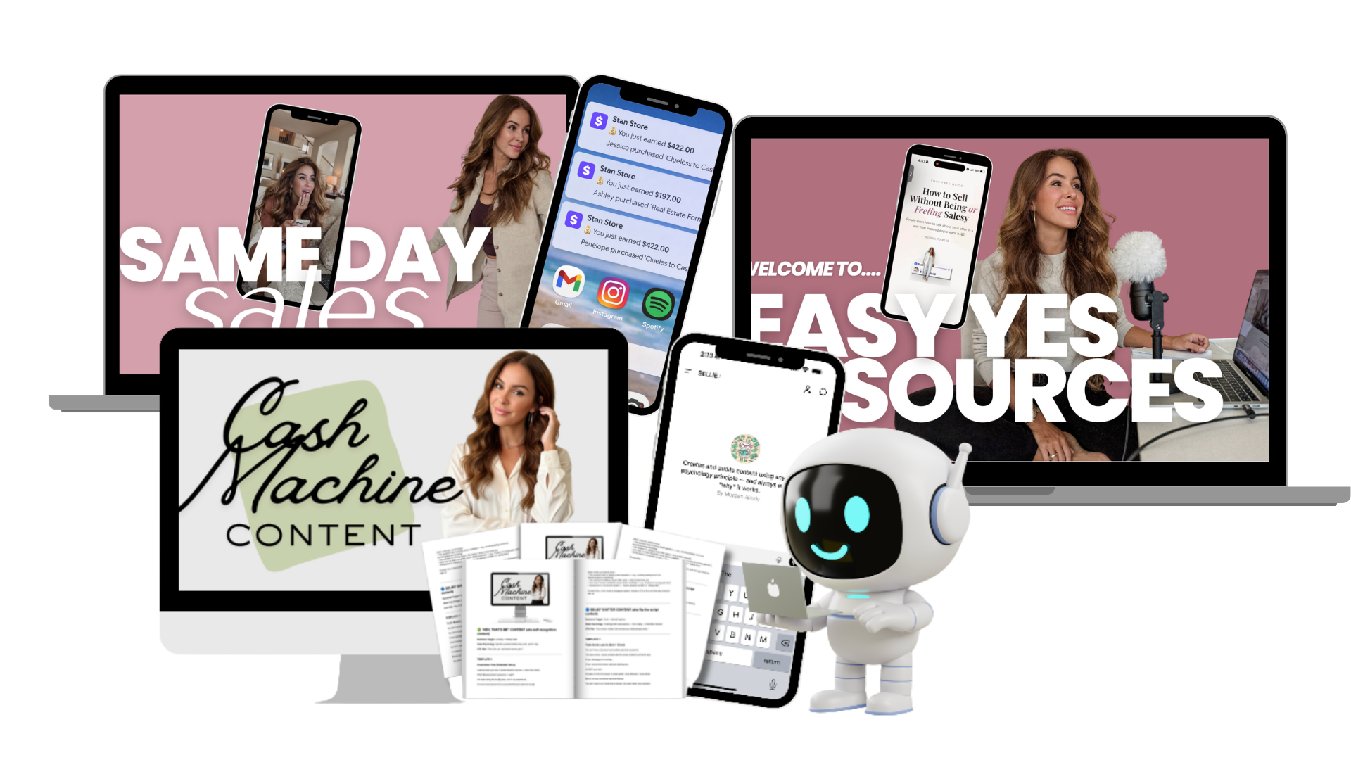Course mockups showing Cash Machine Content, Easy Yes Resources, and Same Day Sales